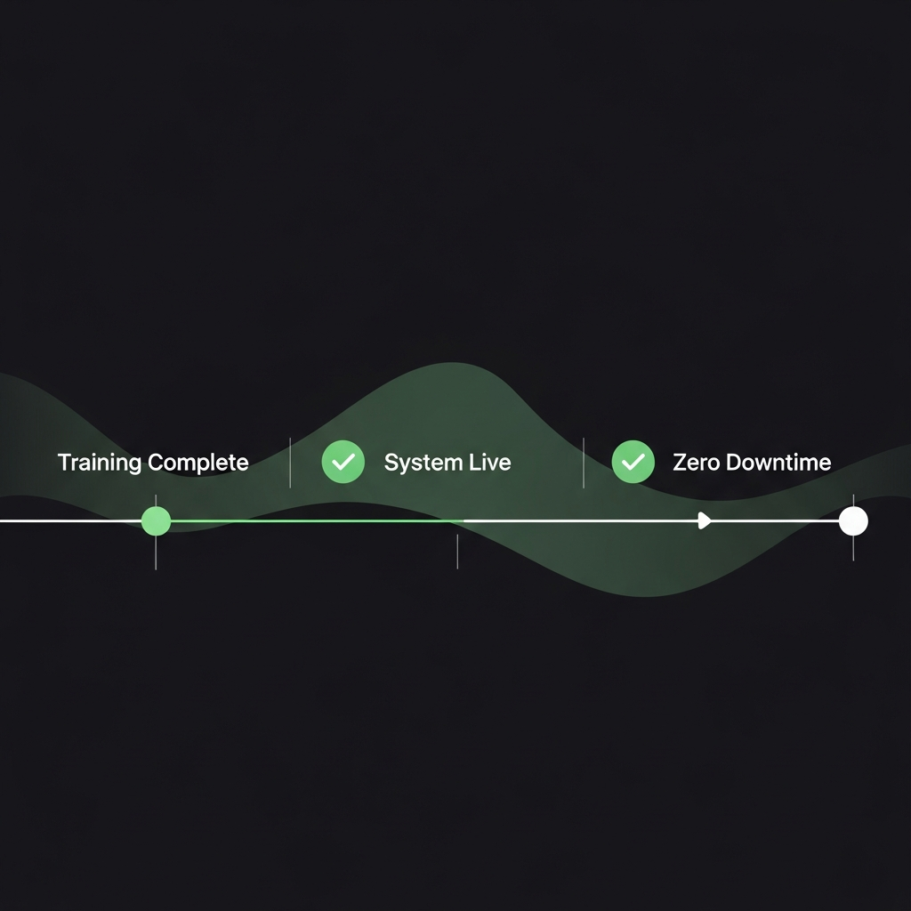 Timeline of a seamless system transition supported by dedicated teams.
